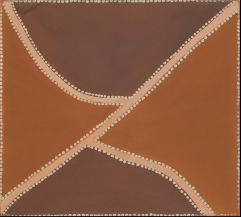 Rover Thomas painting of three river paths meeting across fields of reddish-brown and dark brown ochre. Pale pink lines edged with rows of white dots curve down from the top, cross diagonally through the centre and divide again toward the bottom corners.