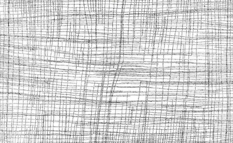 Abstract painting of fine black dots on a white background forming an intricate network of intersecting horizontal and vertical lines. The delicate grid gently shifts and bends across the canvas, creating the appearance of cracked salt flats seen from above.