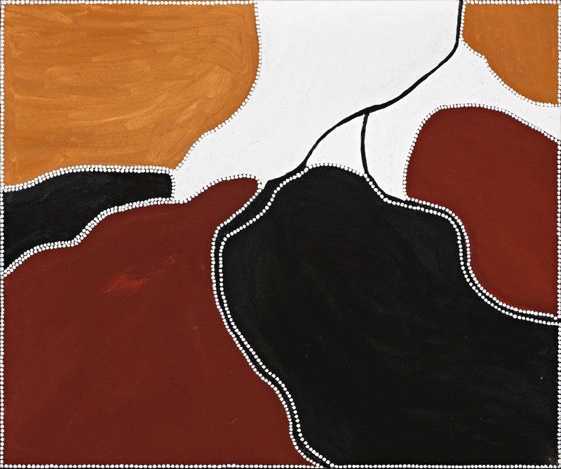 Freddie Timms Crocodile Hole (Rugoon) 1998, with large red, black, white and yellow ochre shapes outlined by white dots