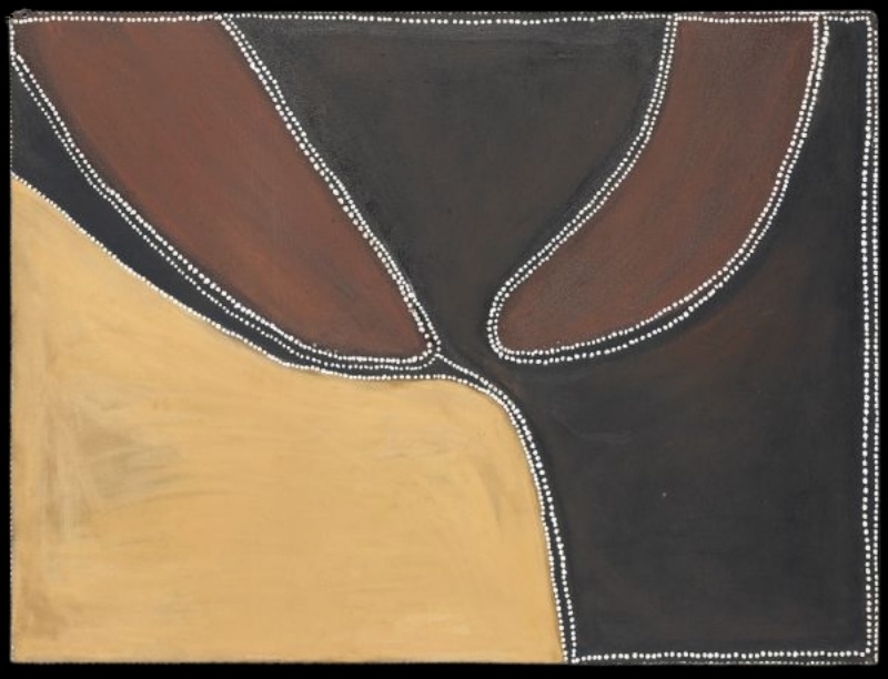 Rover Thomas ochre painting with a large yellow area meeting black and brown fields, divided by sweeping curved boundaries edged with fine white dots.