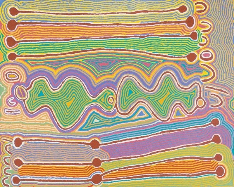 Judy Watson Napangardi painting Snake Vine (Ngalyipi) Dreaming, 2001, with a central green sinuous form, long horizontal bands and U-shaped motifs surrounded by flowing lines of yellow, orange, purple, blue and green.
