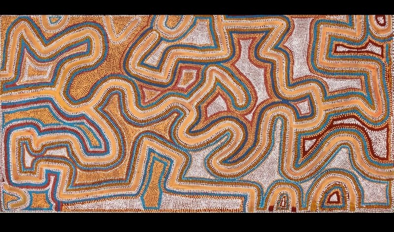 Boxer Milner's Warnalwirri, West of Billiluna (1991), with densely dotted winding forms and branching lines in ochre, white, blue and brown across the canvas.