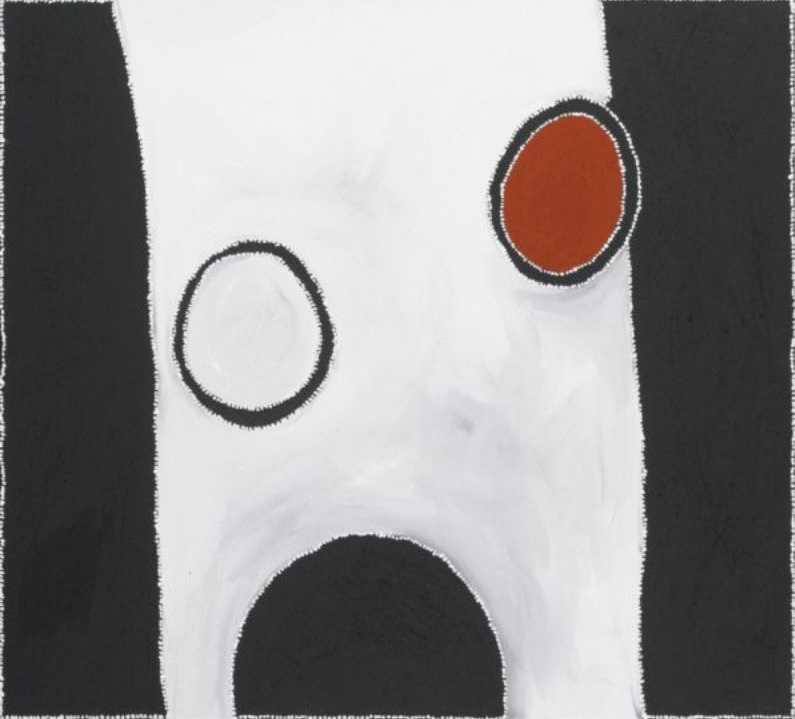 Minimalist Aboriginal painting by Paddy Bedford depicting Winperrji (Police Rock Hole) with luminous white ochre, black landforms and a red ochre ceremonial site outlined with white dots.