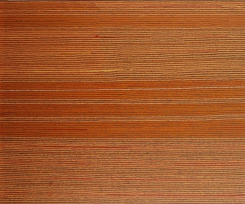Turkey Tolson Value Untitled (Secret Cave Site of Mitukatjirri), 1996. Aboriginal painting composed of thousands of fine horizontal ochre, cream and brown lines with subtle bands of lighter colour across the canvas.