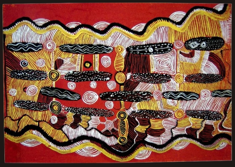 Ronnie Tjampitjinpa’s Untitled (1972), an early Papunya painting filled with concentric circles, elongated black ceremonial forms, fine parallel lines and repeated geometric motifs in red, yellow, white and black.
