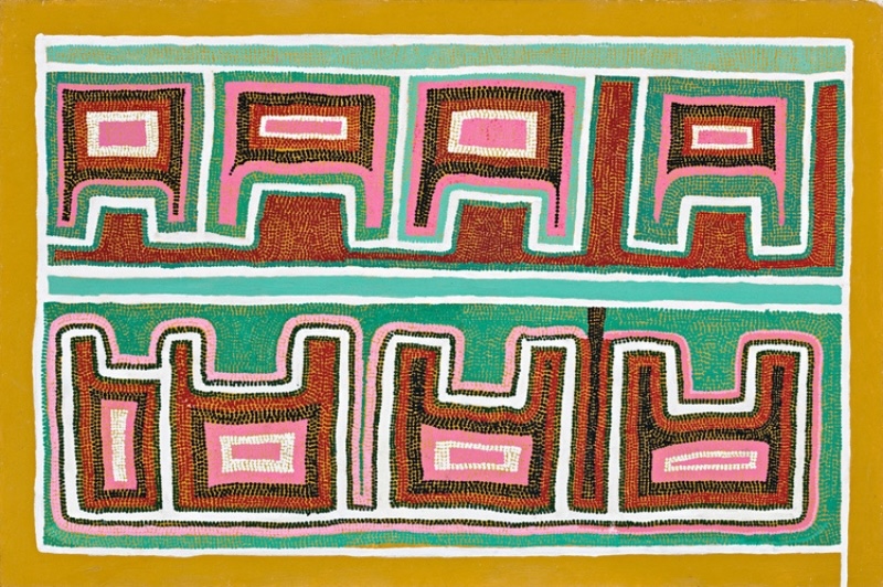 Boxer Milner’s Road from Wirrimanu to Billiluna (1998), with two horizontal rows of repeated geometric forms in turquoise, pink, brown, black and white on an ochre ground.
