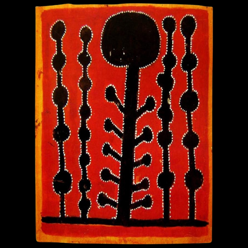 Palms at Bedford Downs by Paddy Jaminji, 1985, an East Kimberley painting in natural earth pigments depicting palm trees at Bedford Downs.