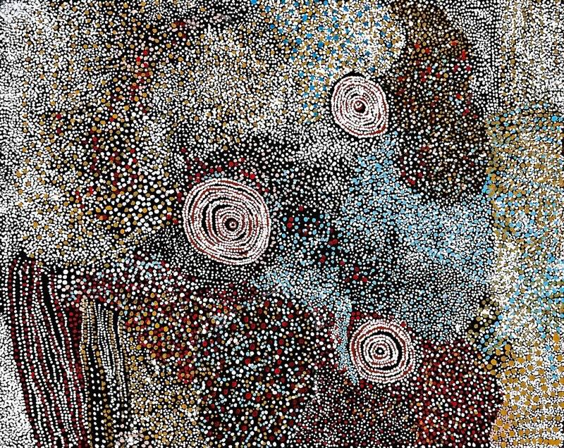 Rockholes and Country Near the Olgas 2006 by Bill Whiskey Tjapaltjarri, showing rockholes amid densely dotted ancestral Country near Kata Tjuta.