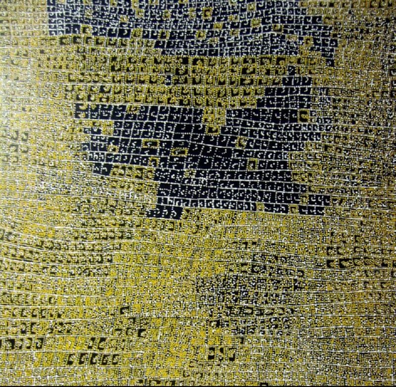 Dorothy Napangardi Women's Dreaming 1998 acrylic on linen featuring an early black and yellow grid representing ancestral pathways across Mina Mina Country.