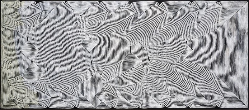 Ronnie Tjampitjinpa Water Story 2000 painting, with dense white parallel lines bending and converging into interlocking geometric forms across a long black field.