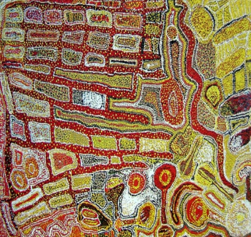 Wimmitji Tjapangarti's Wilatarnpalpar, 1990, with red pathways linking rectangular and circular waterhole forms through densely dotted yellow, ochre, white and red Country.