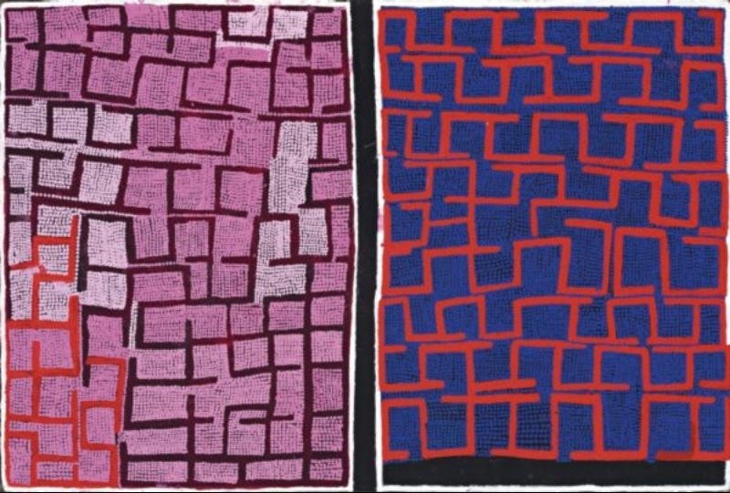 Boxer Milner’s Purkitji (2004), divided by a strong black vertical line, with networks of angular tributary-like forms across pink and purple fields on the left and dark blue with red lines on the right.