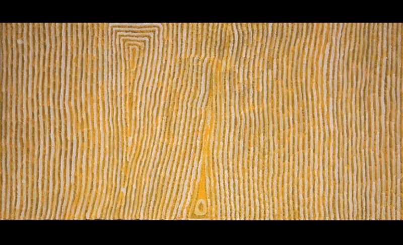 Tjumpo Tjapanangka Wilkinkarra 2005, with dense wavering yellow ochre and white vertical lines surrounding a narrow geometric form and small circular motif.