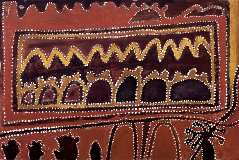Untitled by Paddy Jaminji, 1987, an East Kimberley ochre painting of layered hills and landscape forms outlined with white dots.