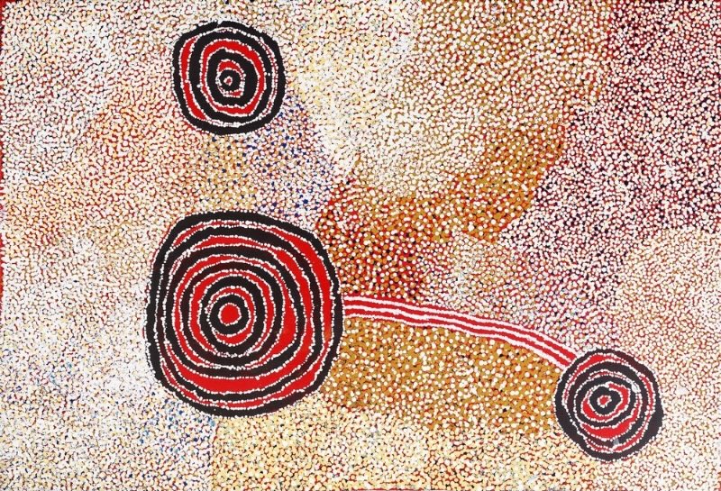 Rockholes and Country Near the Olgas 2007 by Bill Whiskey Tjapaltjarri, showing three concentric rockholes connected across densely dotted Country.<br />
