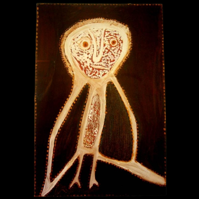Rover Thomas painting of a large white owl standing against a dark red-brown and black background. The owl has a round pale head, two orange circular eyes, a long pointed beak, outstretched curved wings and two small feet. Red-brown markings cover its face and chest, with orange ochre dots tracing the outline of its body.