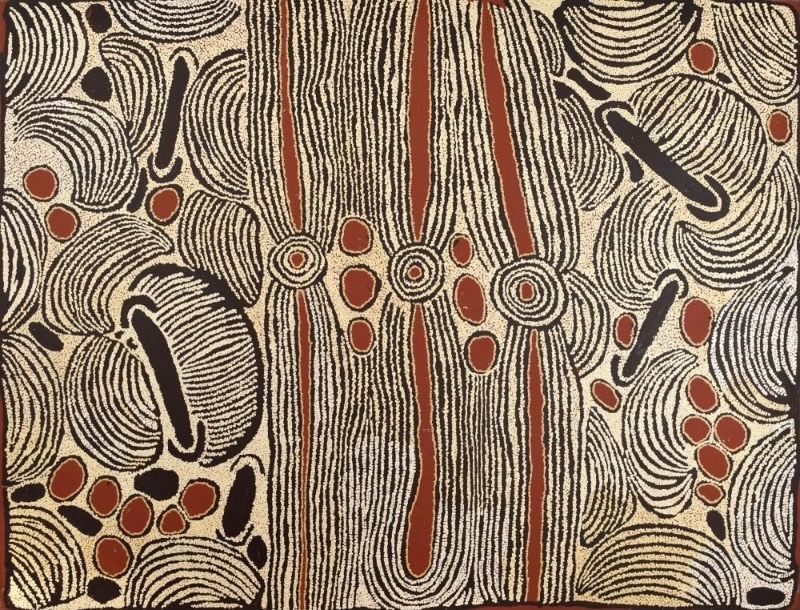 Ningura Napurrula Women’s Ceremony at Wirrulnga, 2007, with concentric circles, elongated linear forms and dense black, red and white patterning.