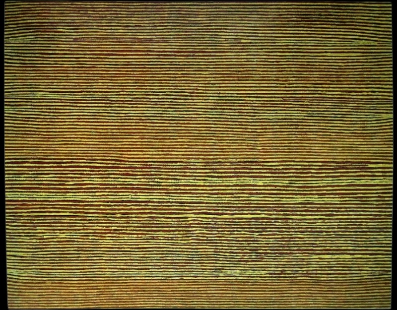 Turkey Tolson Tjupurrula Straightening Spears at Ilyingaugau, 1991. Aboriginal painting composed of hundreds of fine horizontal ochre, brown and yellow lines stretching across the entire canvas with subtle bands of lighter colour.