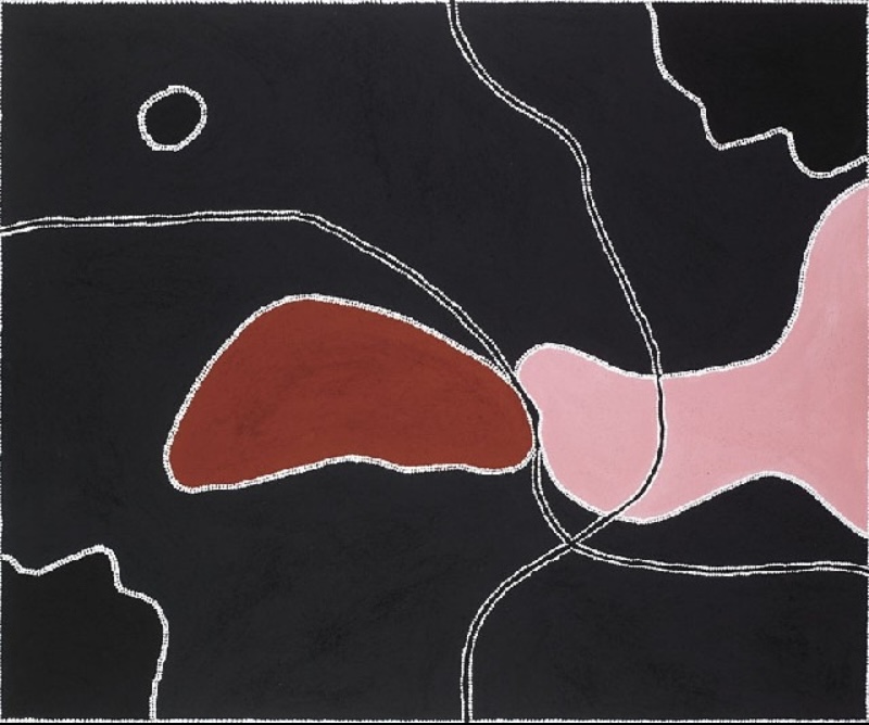 Freddie Timms Dick Yard – East Kimberley landscape painting in black, red and pink ochres with waterholes, tracks and dotted boundaries