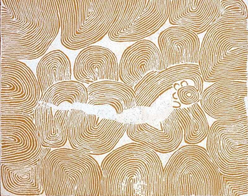 Ochre and white Aboriginal painting by Ningura Napurrula filled with closely spaced parallel lines forming large rounded, arch-shaped and looping fields. An irregular white band runs horizontally through the centre, ending near a concentric circular motif surrounded by several small U-shaped forms.