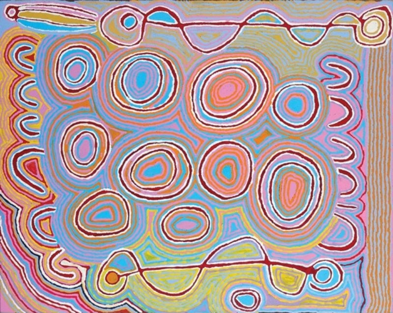 Judy Watson Napangardi painting Mina Mina Jukurrpa, 2005, with concentric oval forms, U-shaped motifs and flowing lines in pink, blue, orange, yellow, red and white.