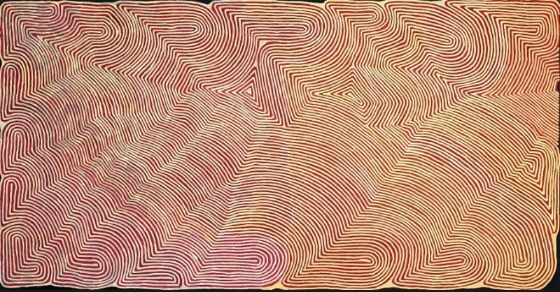 Ronnie Tjampitjinpa Water Story 1999 painting, with hundreds of closely spaced red and cream parallel lines bending and converging into large interlocking geometric forms.