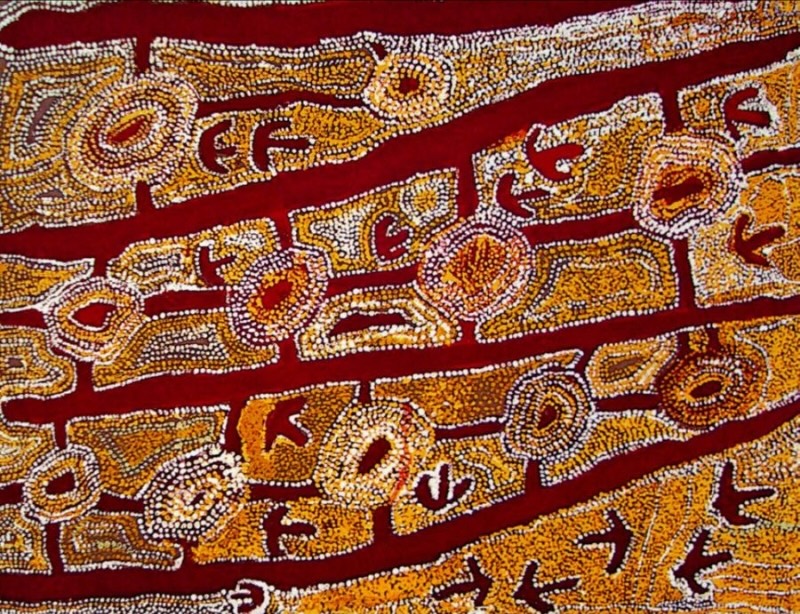 Wimmitji Tjapangarti's Kipara (Bush-Turkey) at Yirrawilli, 1991, with parallel red pathways, circular sites and densely dotted ochre, yellow and white forms.