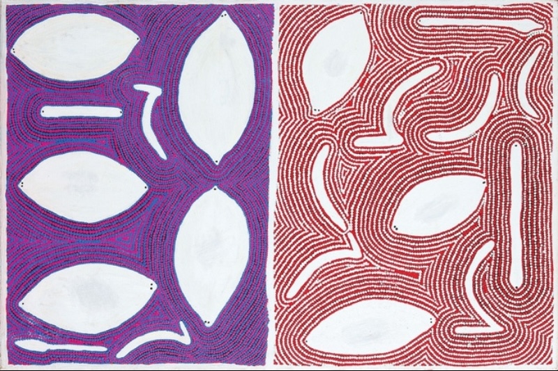 Boxer Milner’s Purkitji (2005), divided vertically into purple and red dotted fields containing large white oval, curved and elongated forms.