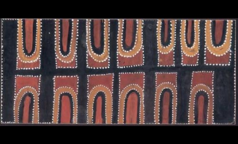 Lissadel Downs by Paddy Jaminji, 1986, an East Kimberley painting in natural earth pigments and bush gum on plywood.