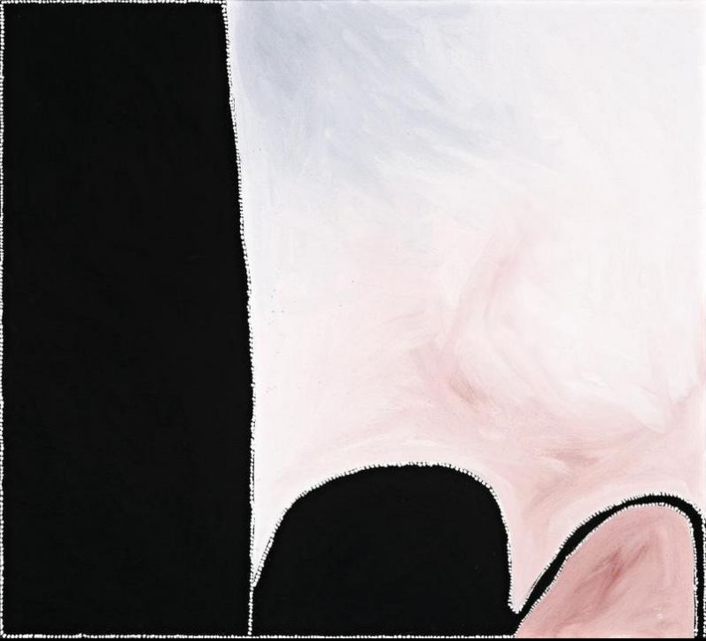Abstract East Kimberley painting by Paddy Bedford featuring a broad black vertical form beside luminous pale pink and white ochre fields with simplified black landforms outlined in white dots.