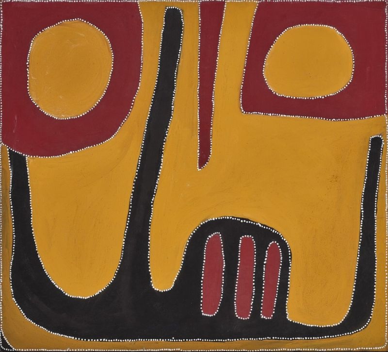 Square abstract Aboriginal painting dominated by a golden ochre background. Thick black shapes curve across the lower half and rise vertically near the centre and right edge. Two large deep red rounded forms occupy the upper corners, each enclosing a large ochre oval. Three narrow red vertical shapes outlined in white dots appear near the lower centre. Every major shape is bordered by fine white dotted lines, creating strong contrast between the black, red and ochre areas.