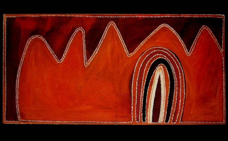 Fitzroy Crossing by Paddy Jaminji, 1984, an East Kimberley painting in earth pigments on board associated with the Kuril Kuril ceremony.