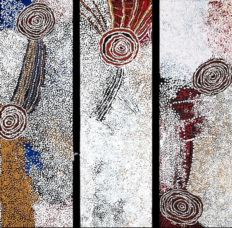 Rock Holes Near the Olgas 2007 triptych by Bill Whiskey Tjapaltjarri, depicting rockholes, tracks and Country near Kata Tjuta.