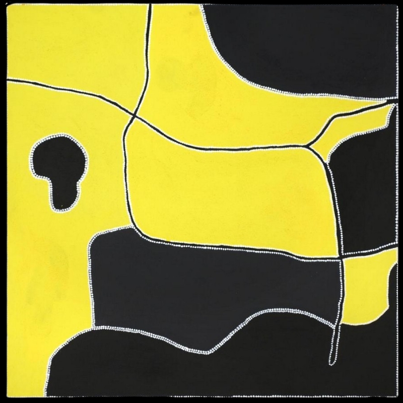 Freddie Timms Sandy Bow, 2003 – East Kimberley Aboriginal landscape painting in vivid yellow and black with white dotted boundaries and intersecting tracks