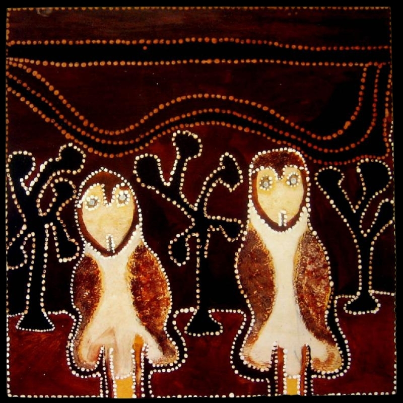 Rover Thomas ochre painting showing two large pale owls surrounded by smaller black owl-like figures, with winding dotted bands above on a dark red ground.
