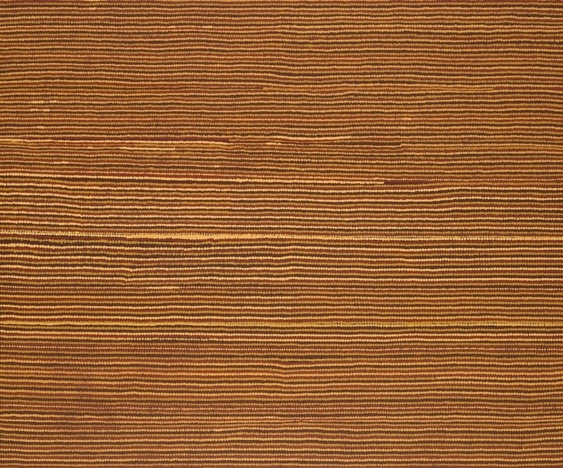 Turkey Tolson Tjupurrula Straightening Spears at Illyingaugau, 1997. Aboriginal painting composed of thousands of finely painted horizontal ochre, cream and brown dots forming shimmering parallel bands across the canvas.
