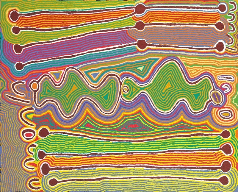Judy Watson Napangardi painting Snake Vine (Ngalyipi) Dreaming, 2001, with a large green sinuous central form, long horizontal bands and U-shaped motifs surrounded by bright yellow, orange, purple, red and green lines.
