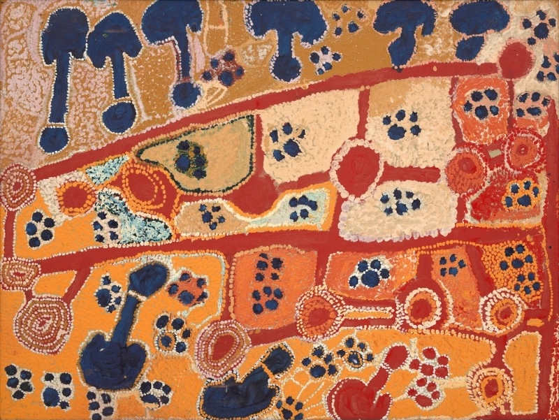 Wimmitji Tjapangarti's Grass Seed Dreaming, 1992, with red pathways dividing fields of orange, yellow and cream, filled with dark blue clustered forms, concentric circles and densely dotted motifs.