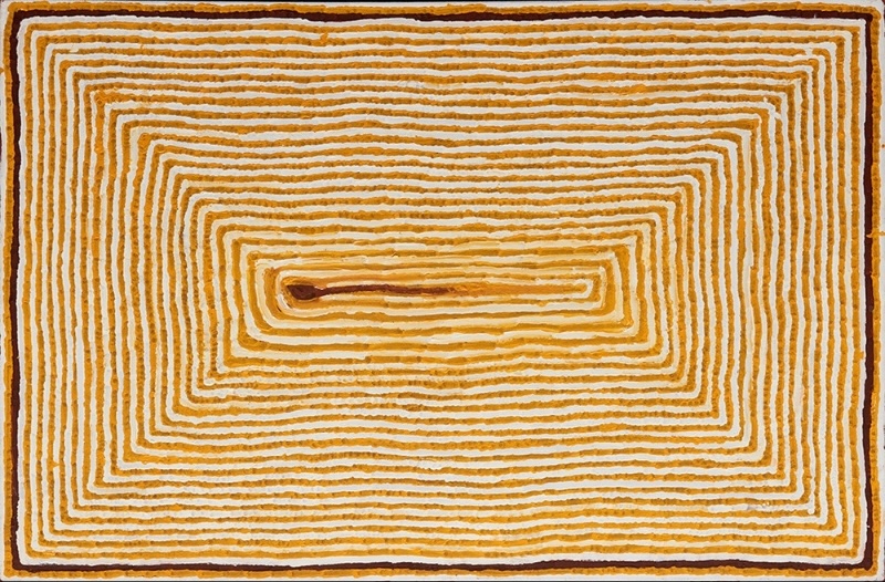 Tjumpo Tjapanangka Wilkinkarra 2006 painting, with closely spaced ochre and white parallel lines forming nested rectangular bands around a long central shape.
