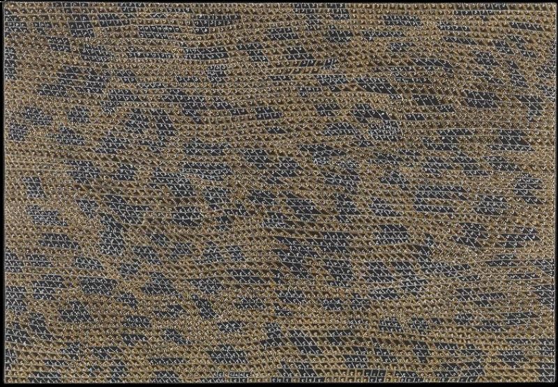 Dorothy Napangardi Salt on Mina Mina – Karntakurlangu Jukurrpa 2001 acrylic on linen featuring shimmering ochre and black dotted grids representing the salt pans and Women's Dreaming at Mina Mina.