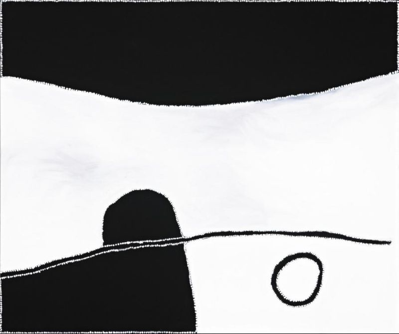 Abstract Aboriginal painting by Paddy Bedford with expansive white and black forms, a sweeping horizontal line, and a single outlined oval on a minimalist composition.