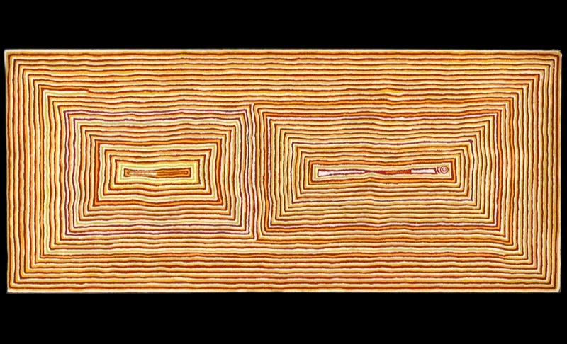 Tjumpo Tjapanangka Wati Kutjarra at the Water Site of Mamara 2000, with two elongated rectangular forms surrounded by closely spaced parallel lines in yellow, ochre, red and white.