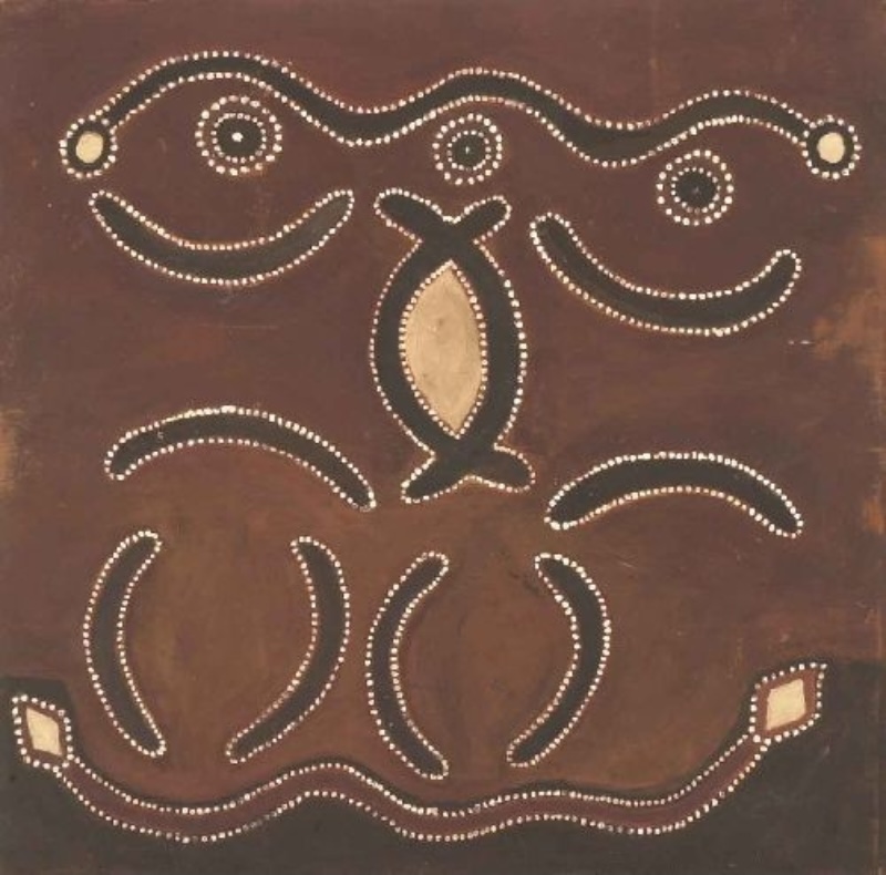 Moon, Sun and Stars by Paddy Jaminji, 1978/79, an early East Kimberley ceremonial painting in natural earth pigments on board.