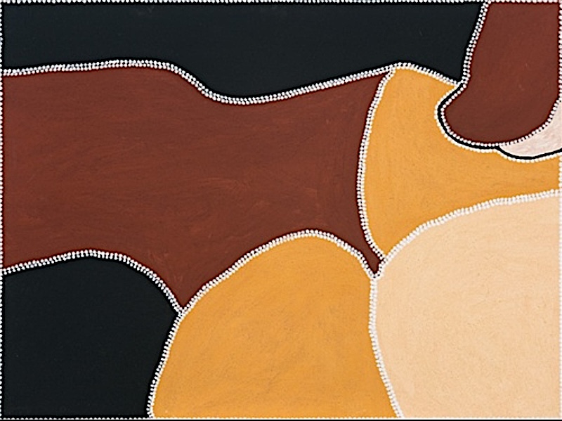Freddie Timms Top Country, 1996, ochre painting with broad black, red-brown, golden yellow and cream fields outlined by rows of white dots