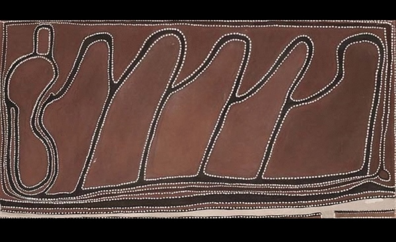 Rover Thomas Bungullgi painting in reddish-brown ochre, with five tall irregular black forms rising across the canvas. Each form is edged with fine rows of white dots, while multiple dotted black lines run around the outer edges and along the bottom of the composition.