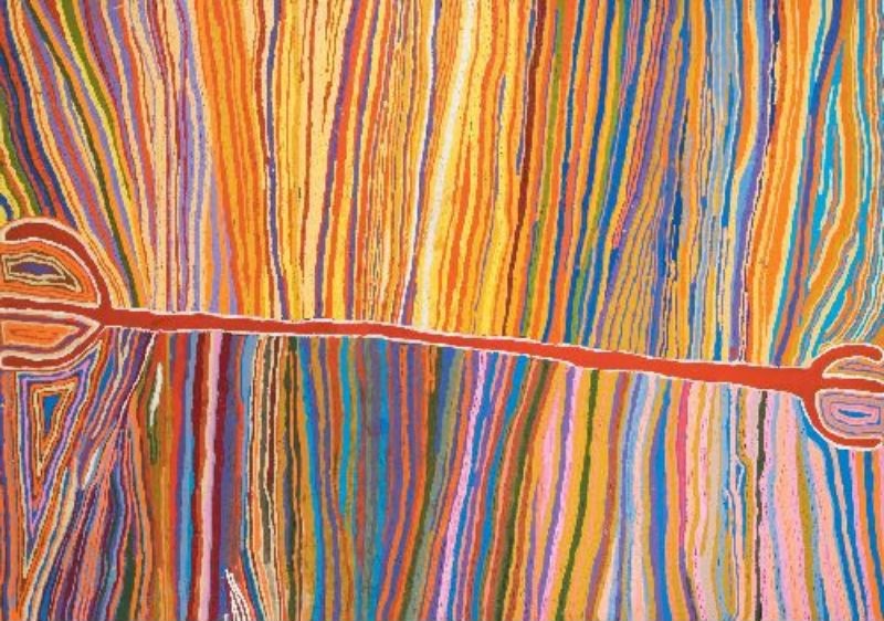 Judy Watson Napangardi painting Wititji – Hairstring Dreaming, 2004, with dense vertical bands of orange, yellow, blue, purple, pink and green crossed by a long red horizontal line connecting forms at either side