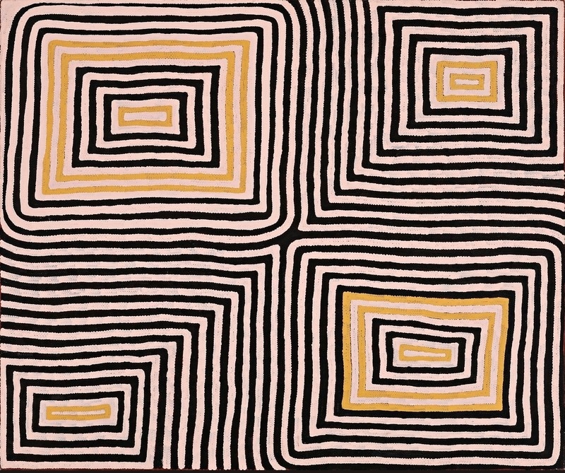 Ronnie Tjampitjinpa’s Wilkinkarra (Lake Mackay) (1993), featuring four large nested rectangular forms made from repeated black, pale pink and yellow lines arranged across the canvas.