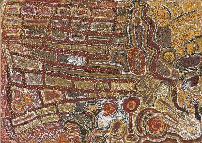 Wimmitji Tjapangarti's Wilatarnpalpar, with dense earth-coloured dotting, rectangular sites, winding pathways and concentric forms arranged across the canvas.