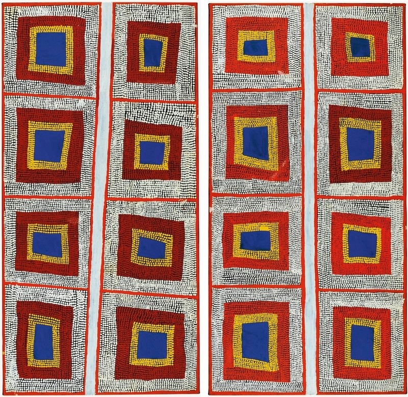 Boxer Milner’s Purkitji (Diptych) (2002), showing two tall panels divided into rectangular compartments containing blue centres surrounded by yellow, red, brown and dense white dotting.
