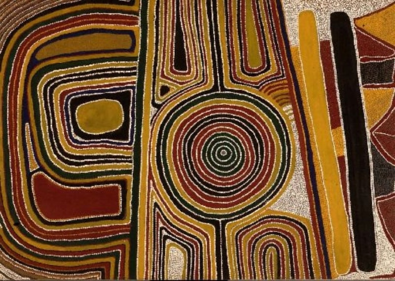 Sunfly Tjampitjin's Artist's Own Country, with a large concentric circle surrounded by geometric pathways and bands of ochre, red, green, black and white.